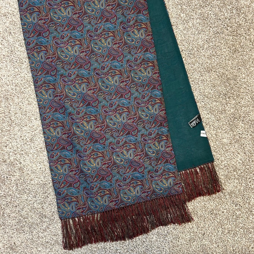 Saldarini‎ ITALY Paisley Print Scarf Fringe 100% SILK Wool Lining Blue Green